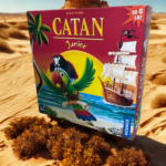 Opakowanie od gry Catan Junior na pustyni obok oazy.