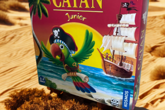 Opakowanie od gry Catan Junior na pustyni obok oazy.