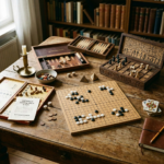 Vintage board games including Scrabble, backgammon, chess, and card games on a worn wooden table