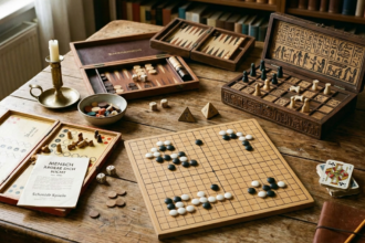 Vintage board games including Scrabble, backgammon, chess, and card games on a worn wooden table