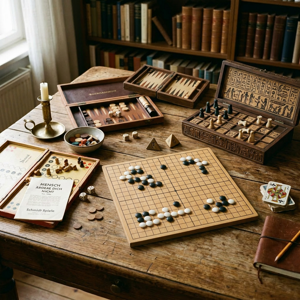 Vintage board games including Scrabble, backgammon, chess, and card games on a worn wooden table