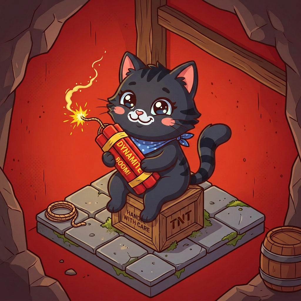 Czarny kotek z dynamitem z gry eksplodujące kotki