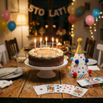 Chocolate birthday cake with candles and Polish writing, party hat, and playing cards on wooden table surrounded by smiling friends