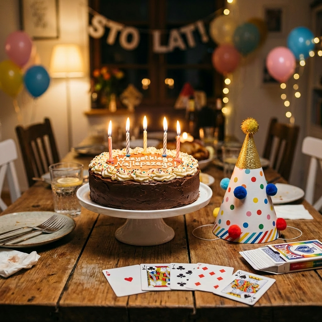 Chocolate birthday cake with candles and Polish writing, party hat, and playing cards on wooden table surrounded by smiling friends