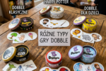 Six Dobble card game sets with themes including classic, Harry Potter, children's, Star Wars, Marvel, and Frozen.