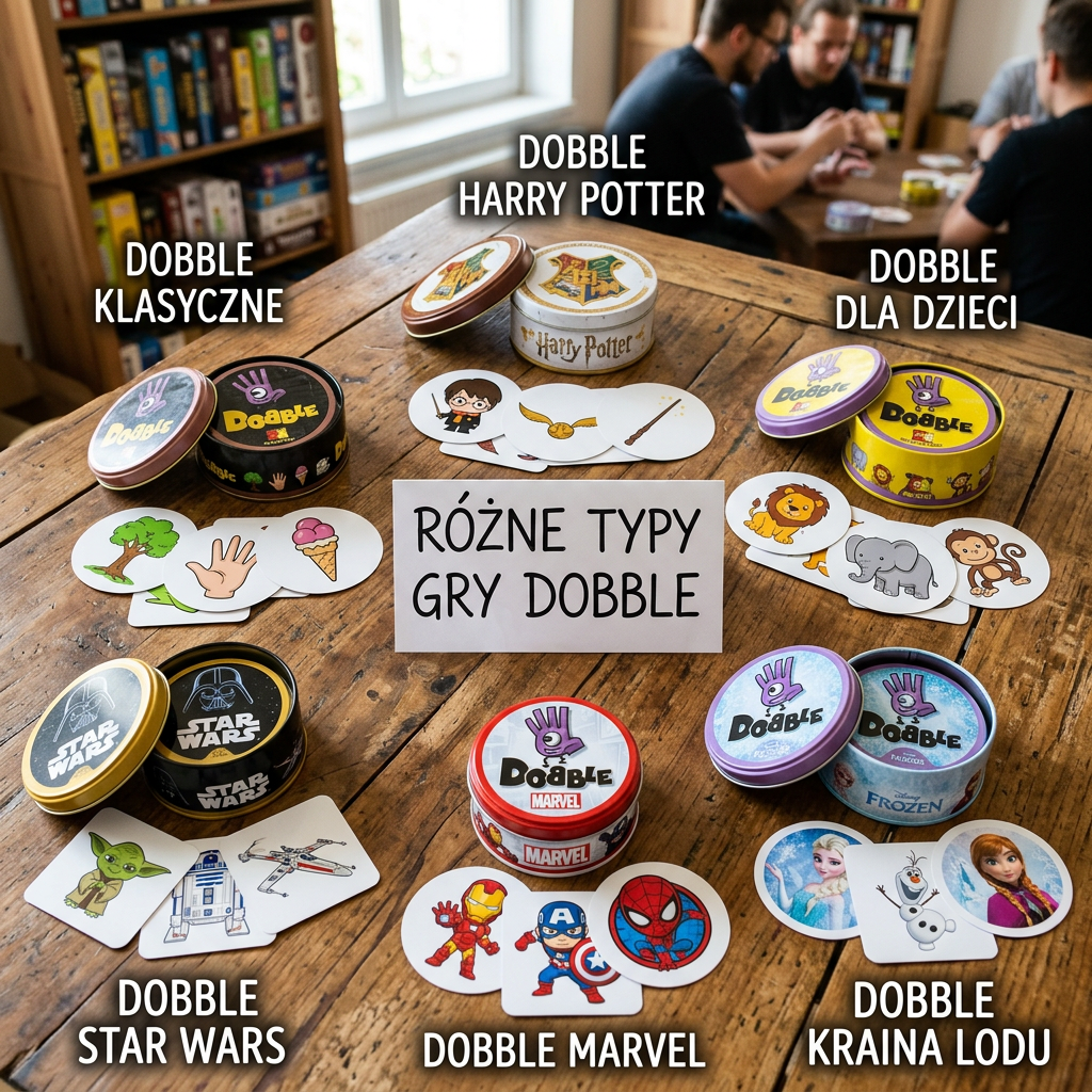 Six Dobble card game sets with themes including classic, Harry Potter, children's, Star Wars, Marvel, and Frozen.
