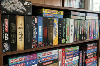 Multiple themed Monopoly board games including Star Wars, Marvel, Harry Potter, and more on shelves