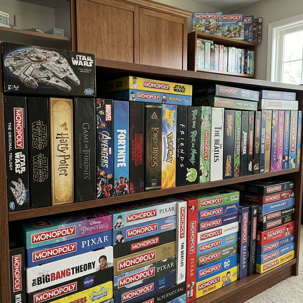 Multiple themed Monopoly board games including Star Wars, Marvel, Harry Potter, and more on shelves